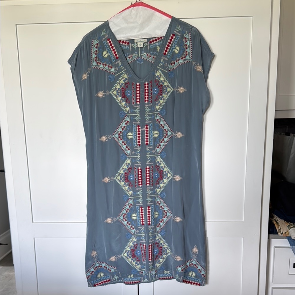 Sundance Blue Gray Multicolor Sheath Dress with slight Dolman Sleeves